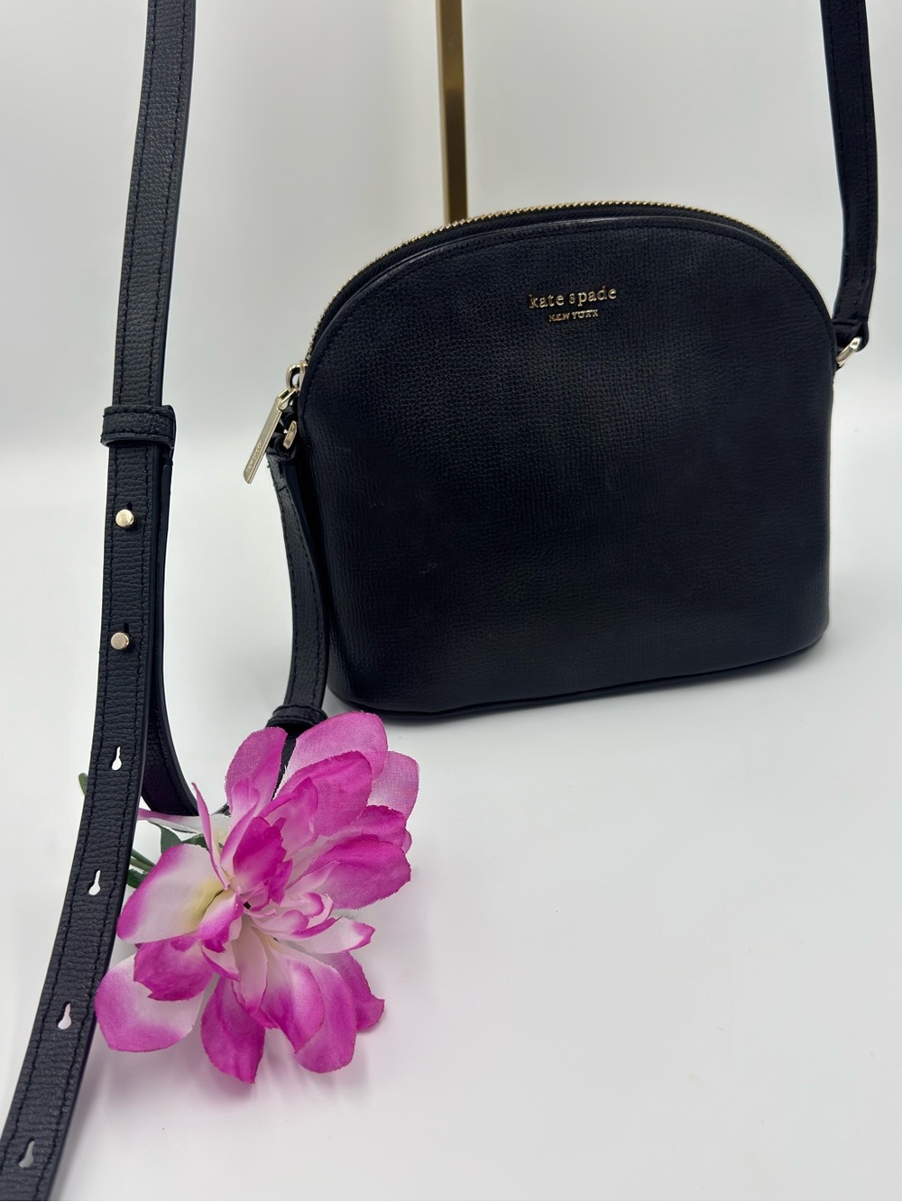 kate spade Black Cross-Grain Leather Crossbody w/ Gold Logo & Adjustable Strap - Picture 2 of 9